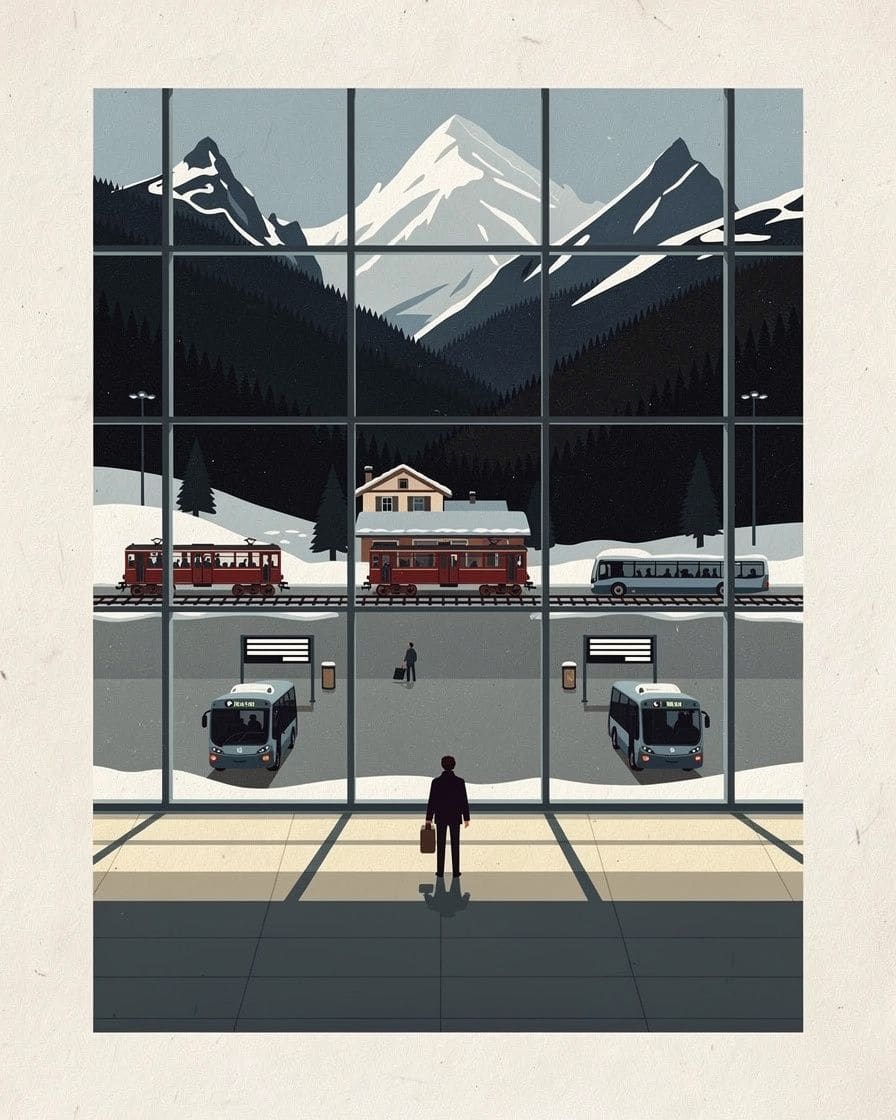 Illustration&nbsp;: Hall des arrivées de l'aéroport de Genève le soir, voyageurs avec chariots de valises et housses de ski