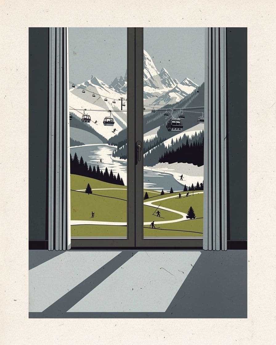 Illustration: Argentière village at the end of the season, meadows turning green below and snow still deep on the slopes of Les Grands Montets above