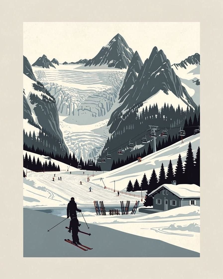 Illustration: skiers on a run above Argentière, glacier and seracs close by, a high-mountain feel in the Chamonix valley