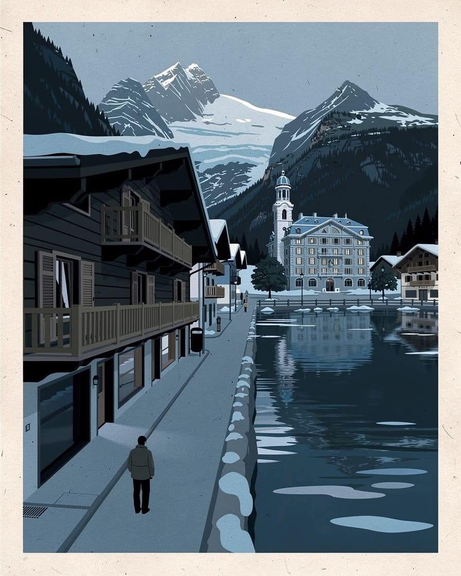 Illustration&nbsp;: Rue principale d'Argentière en hiver, chalets aux balcons de bois, clocher et glacier d'Argentière au fond de la vallée