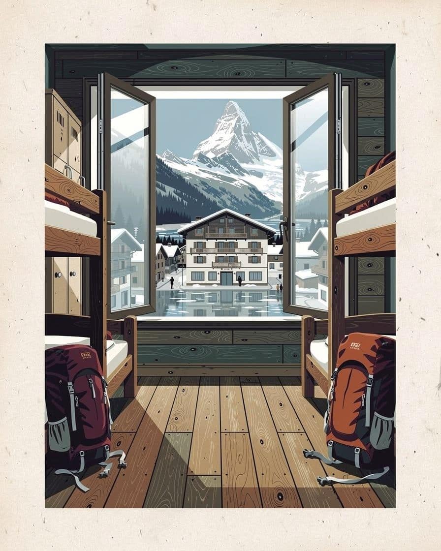 Illustration&nbsp;: Dortoir d'auberge de jeunesse de montagne à Chamonix, lits superposés en bois, casiers et sacs de randonnée posés au sol