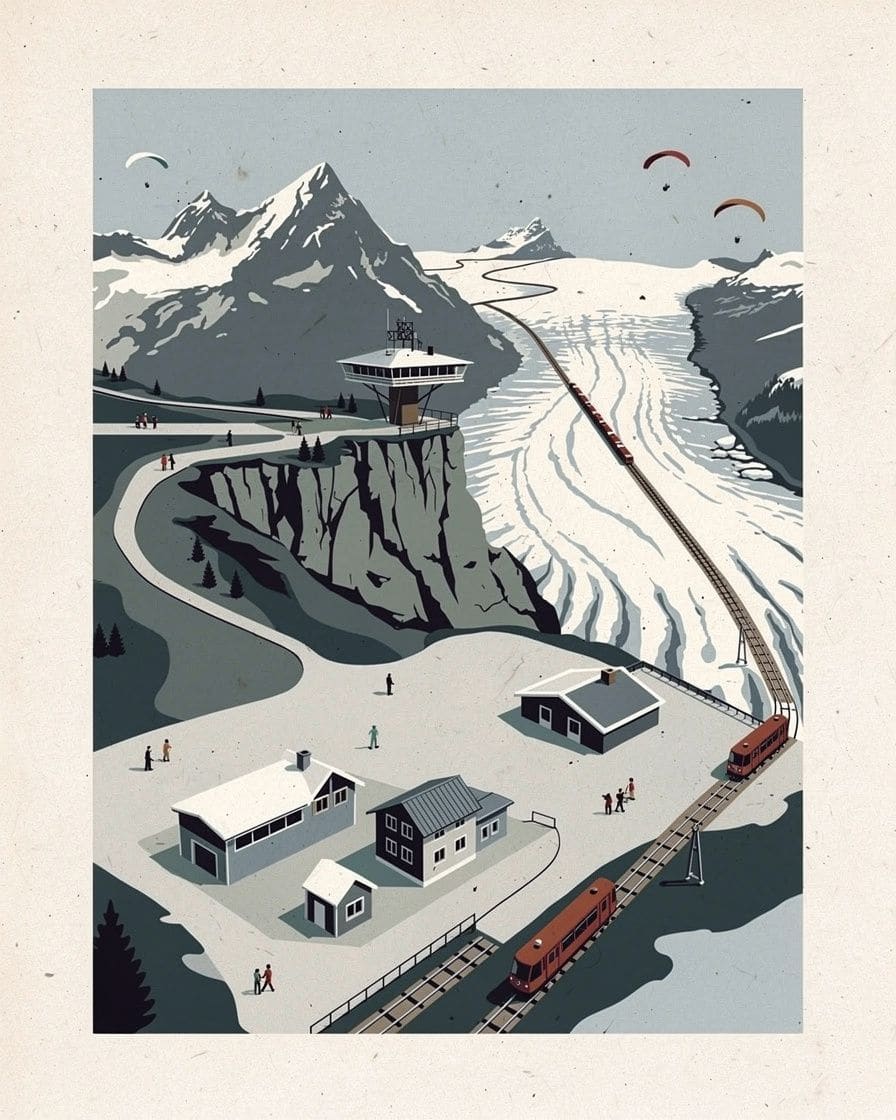 Illustration&nbsp;: Skieur sur une piste du Brévent au-dessus de Chamonix, le massif du Mont-Blanc et ses glaciers en face sous un ciel bleu