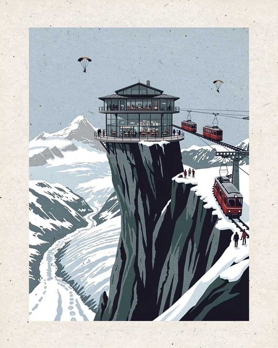 Illustration&nbsp;: Salle vitrée d'un restaurant panoramique au sommet du Brévent, tables dressées face aux glaciers du massif du Mont-Blanc
