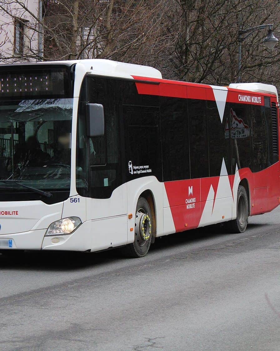 Chamonix Mobilité town bus stopped in a street in the valley