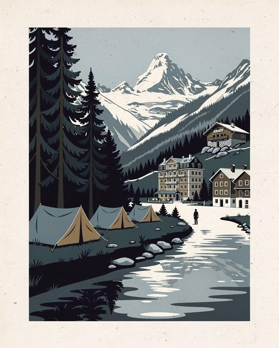 Illustration&nbsp;: Tentes d'un camping de la vallée de Chamonix sous les mélèzes, matin d'été, glacier des Bossons qui descend du massif