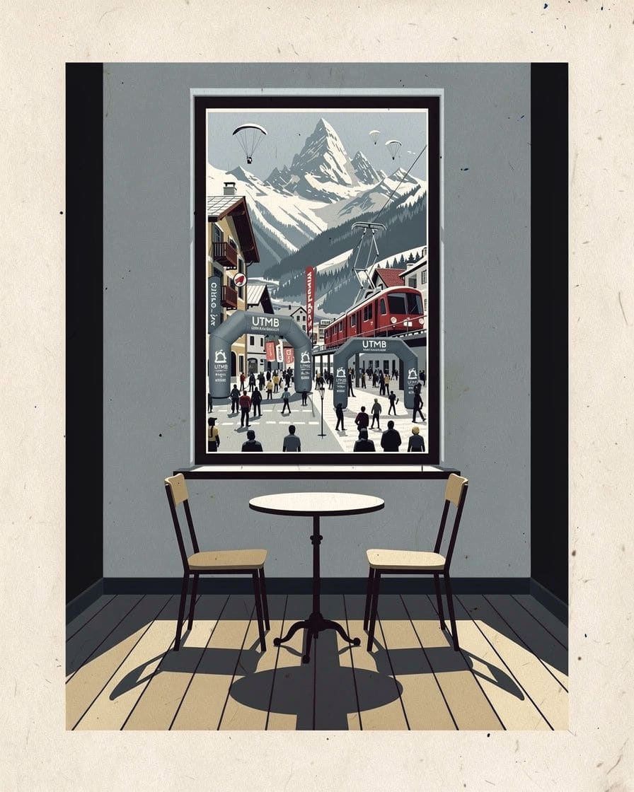 Illustration&nbsp;: Centre de Chamonix en été pendant la semaine de l'UTMB, rues piétonnes pleines, arches gonflables et Aiguille du Midi au-dessus