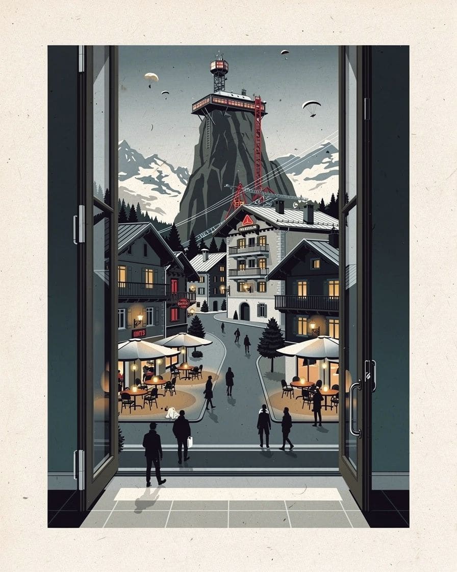 Illustration&nbsp;: Rue piétonne du centre de Chamonix le soir, terrasses de restaurants chauffées, chalets illuminés et Aiguille du Midi dans la nuit