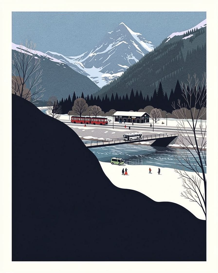 Illustration&nbsp;: Vallée de Chamonix vue du balcon sud en fin d'hiver, forêt de mélèzes encore enneigée et massif du Mont-Blanc sous un ciel bleu