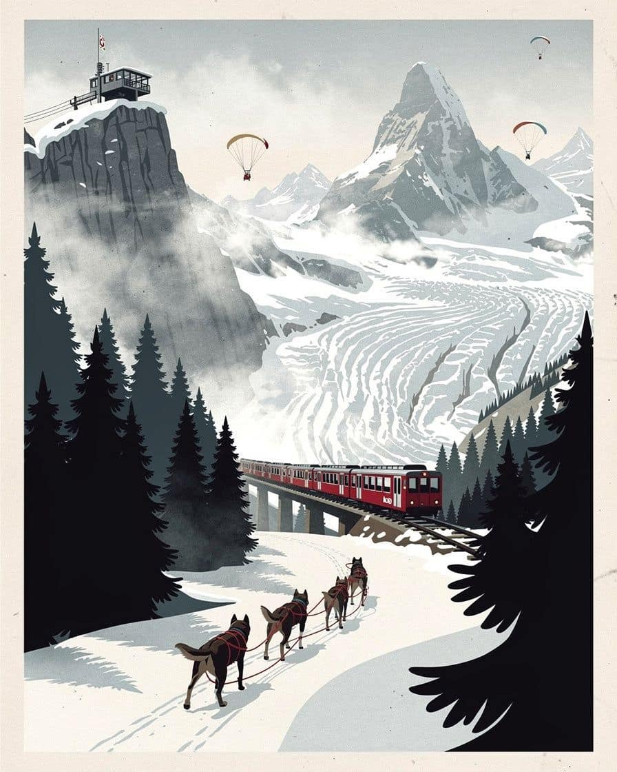 Illustration: dog sled team on a snowy trail in the Chamonix valley, spruce forest and summits in the mist