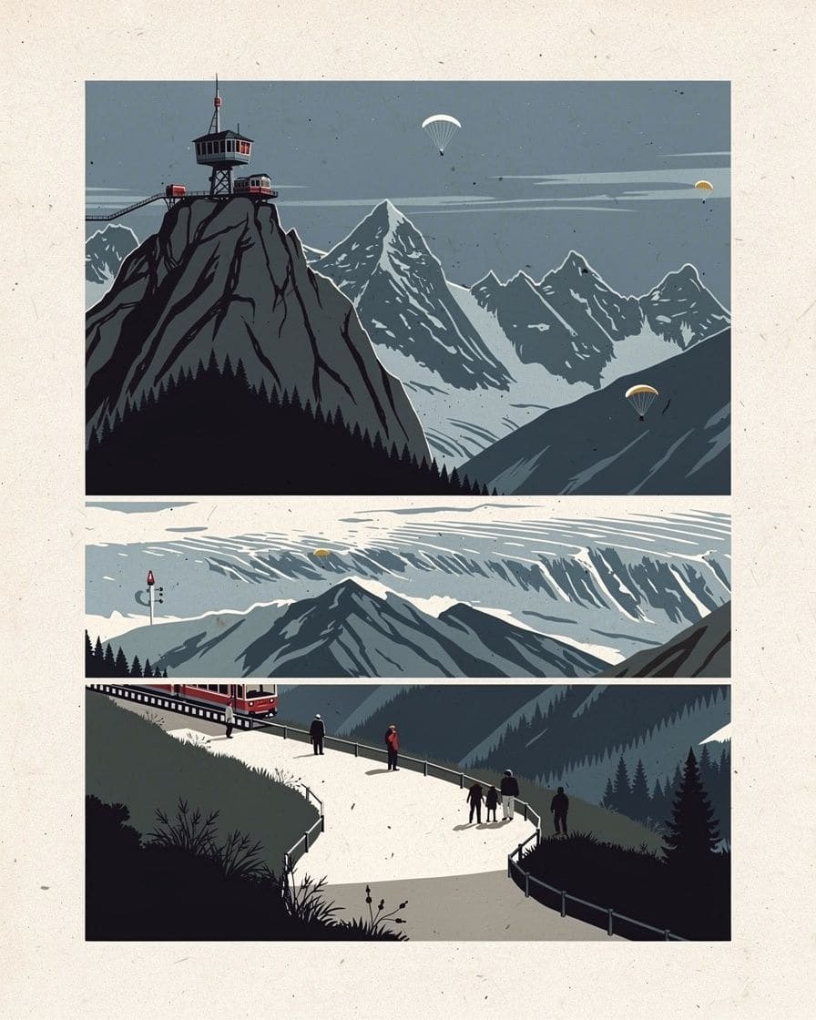 Illustration&nbsp;: Val Ferret italien au-dessus de Courmayeur sur le Tour du Mont-Blanc, sentier dans les mélèzes et face sud des Grandes Jorasses