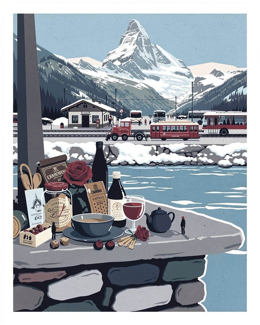 Illustration&nbsp;: Chasse-neige dégageant une rue de Chamonix au petit matin, voitures garées couvertes de neige le long des trottoirs