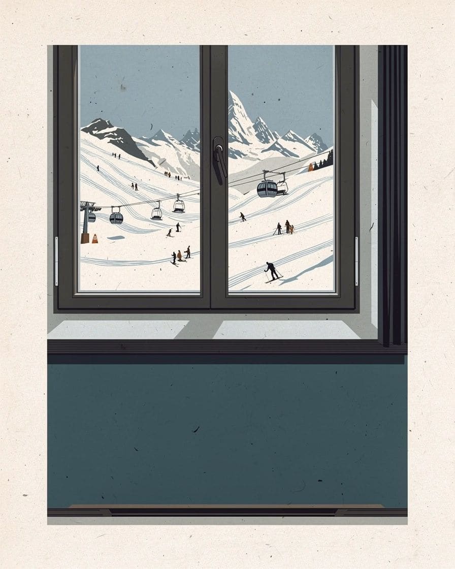 Illustration: ski runs in the Brévent-Flégère area above Chamonix, skiers on a groomed run facing the snowy Mont Blanc massif
