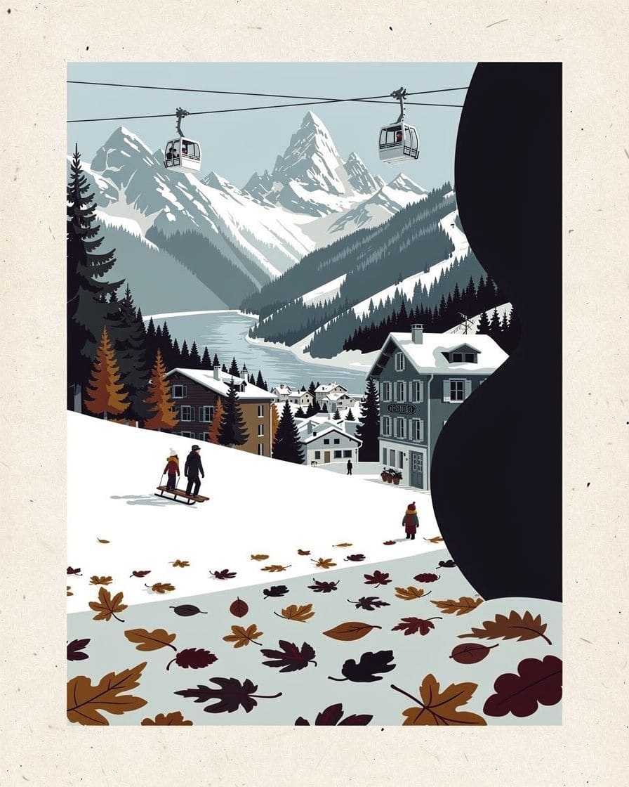 Illustration&nbsp;: Deux enfants en combinaison de ski descendant en luge une pente douce enneigée à Chamonix, parents qui les suivent à pied