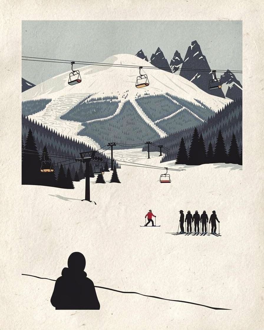 Illustration: An ESF group lesson in Chamonix, children in a line behind their instructor