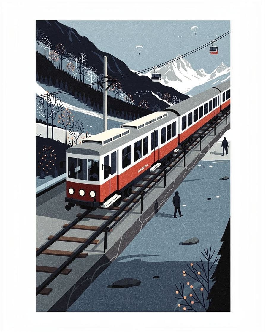 Illustration&nbsp;: rame rouge et blanche du tramway du Mont-Blanc à quai, versants boisés et sommets enneigés au fond