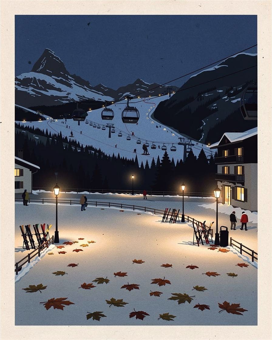 Illustration: skiers waiting at the base of a gondola in the Chamonix valley on a holiday morning, skis on their shoulders