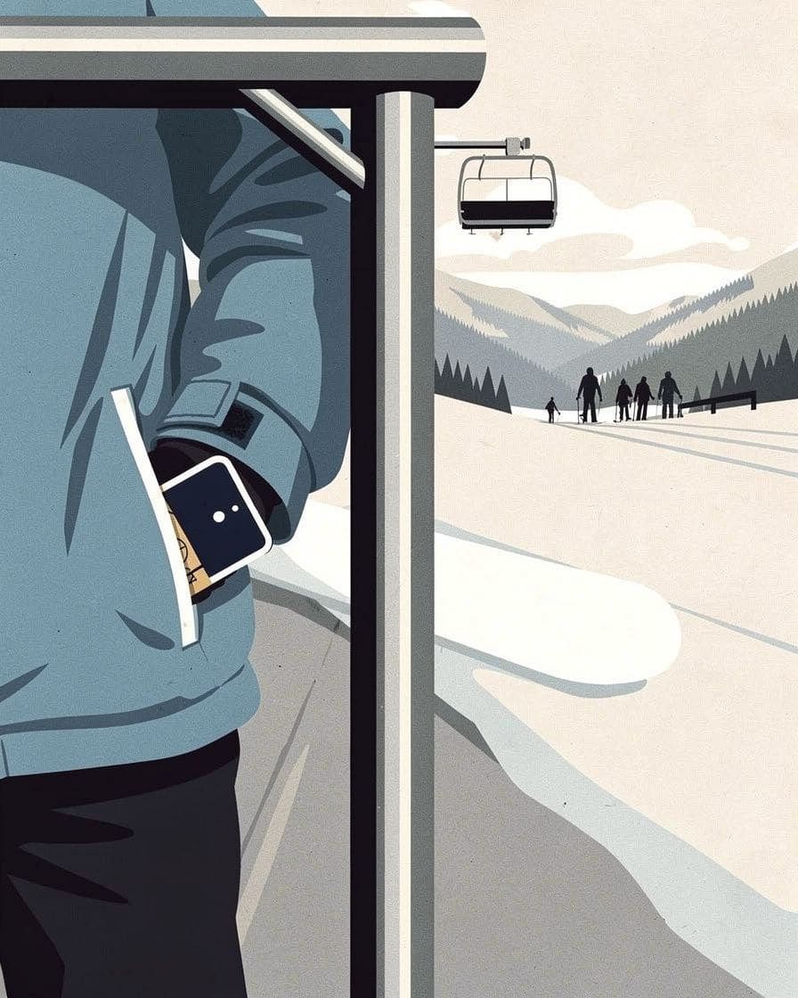 Illustration&nbsp;: Skieur qui passe un portique de remontée mécanique mains libres, carte de forfait dans la poche de sa veste, au départ d'une télécabine de Chamonix