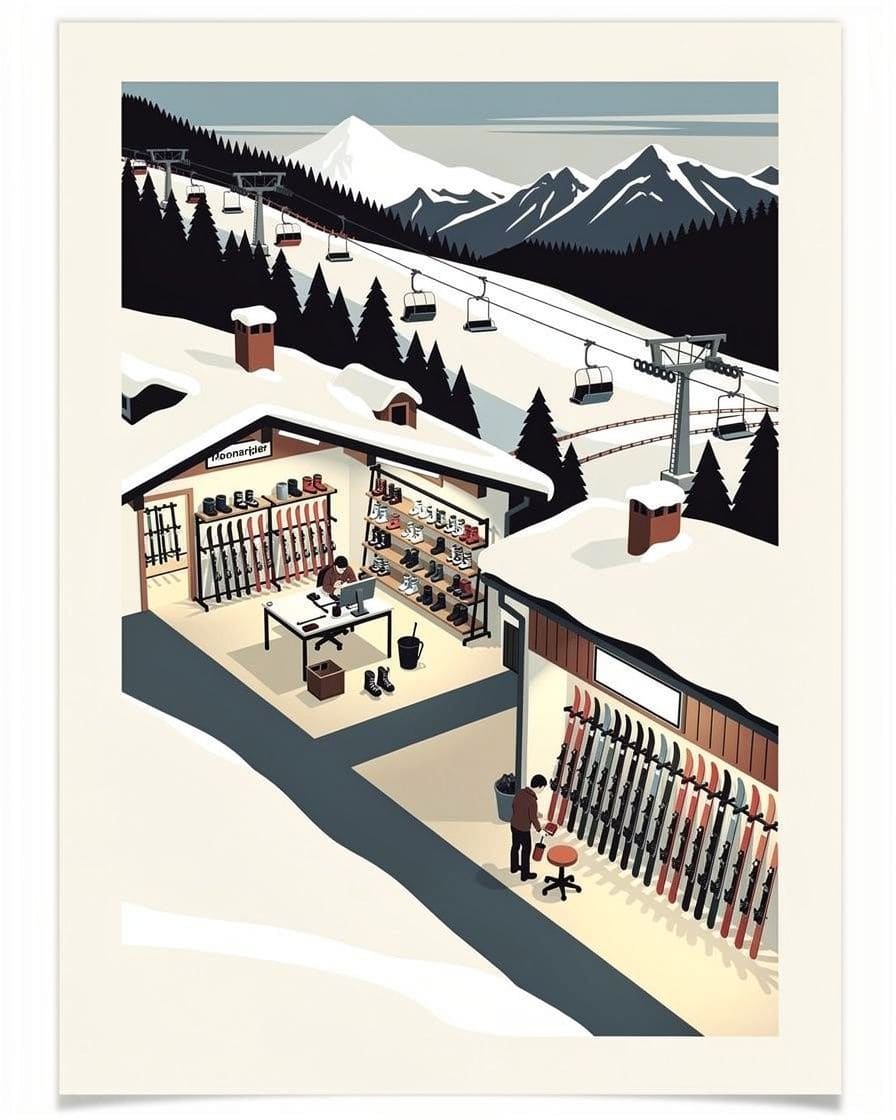 Illustration&nbsp;: Comptoir d'un magasin de location de ski à Chamonix, rangées de skis et de chaussures alignées, moniteur qui règle une fixation