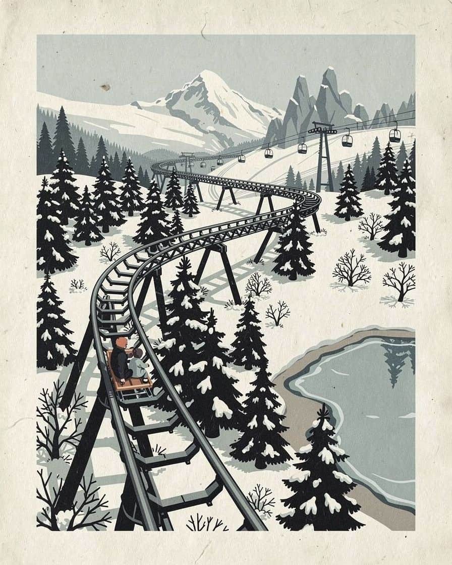 Illustration&nbsp;: La luge sur rails des Planards à Chamonix descendant entre les sapins, un parent et un enfant à bord