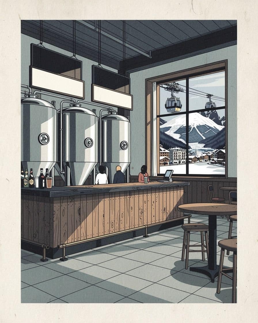 Illustration&nbsp;: Cuves de brassage en inox derrière le comptoir d'un bar de montagne