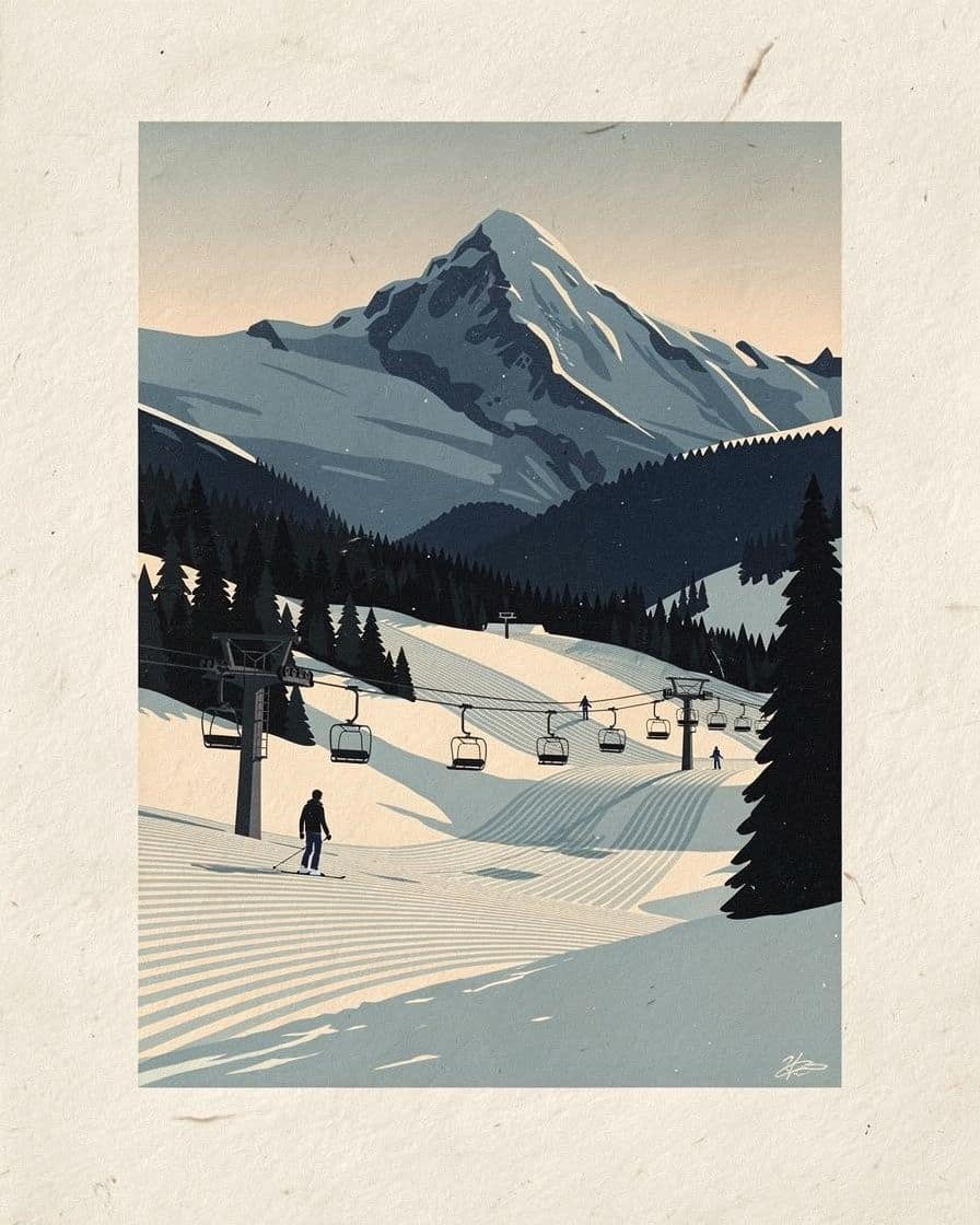 Illustration&nbsp;: Moniteur de ski et son élève adulte sur une piste rouge au-dessus de Chamonix, massif du Mont-Blanc au soleil derrière eux