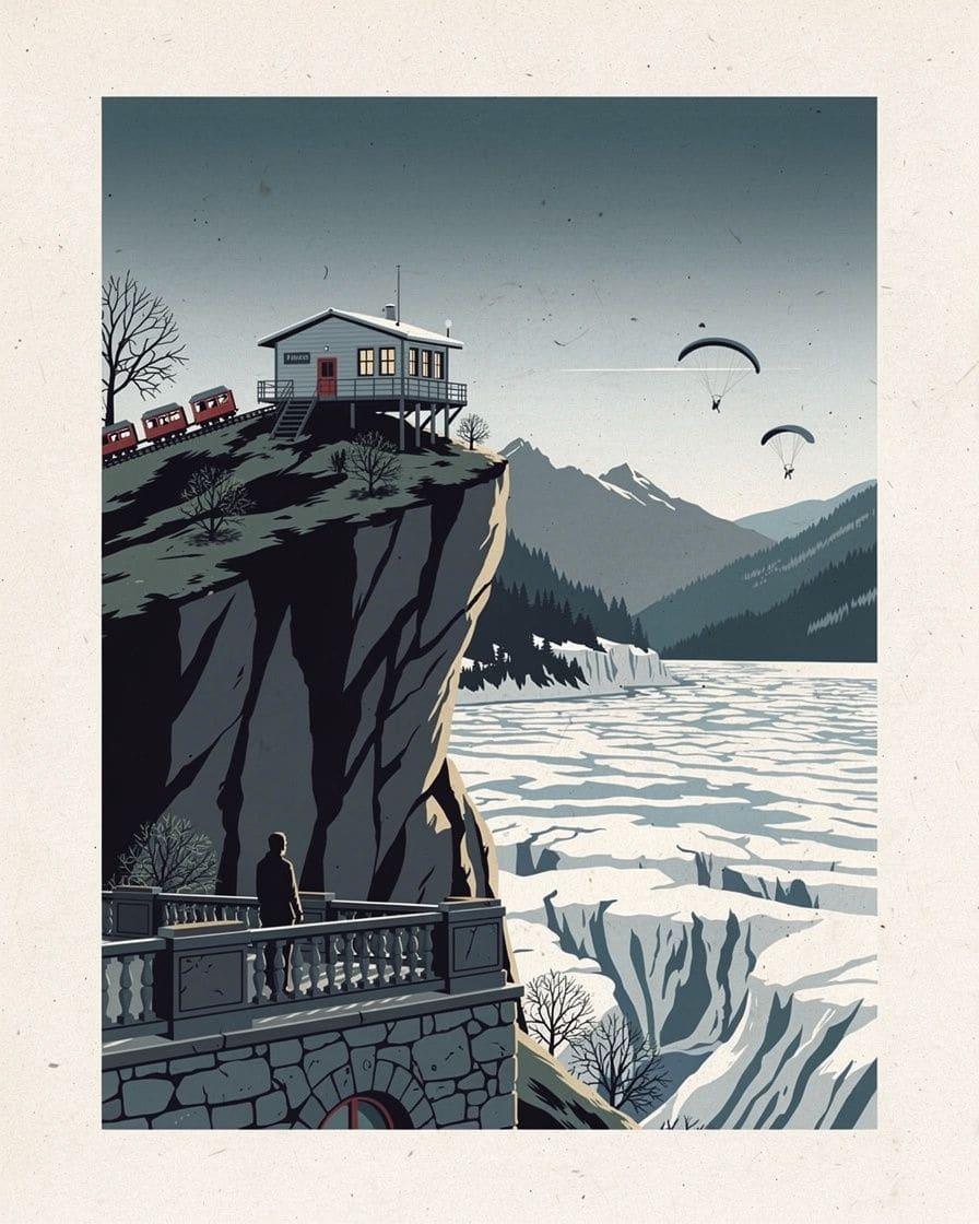 Illustration&nbsp;: Terrasse du Montenvers face à la Mer de Glace et aux Grandes Jorasses, visiteurs accoudés à la rambarde de pierre