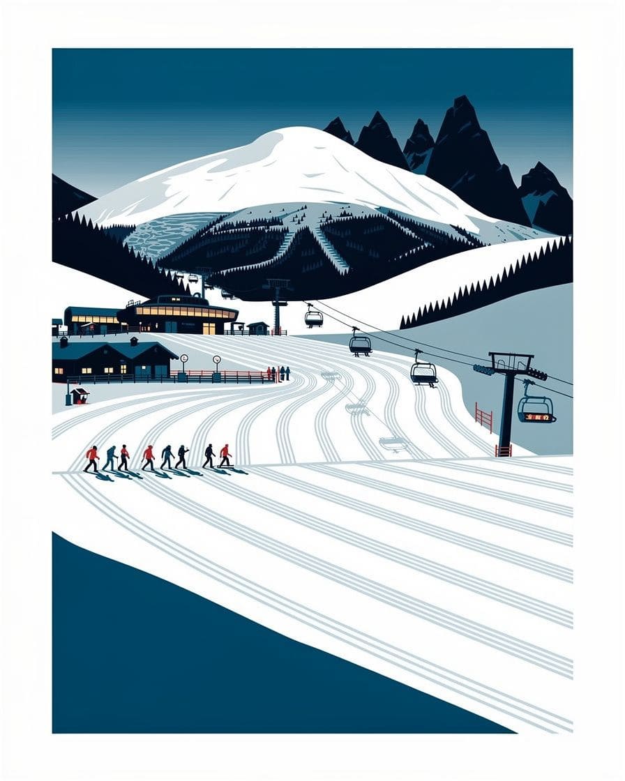 Illustration&nbsp;: Piétons en tenue d'hiver qui sortent de la télécabine de la Flégère sur le plateau enneigé, chaîne du Mont-Blanc en face