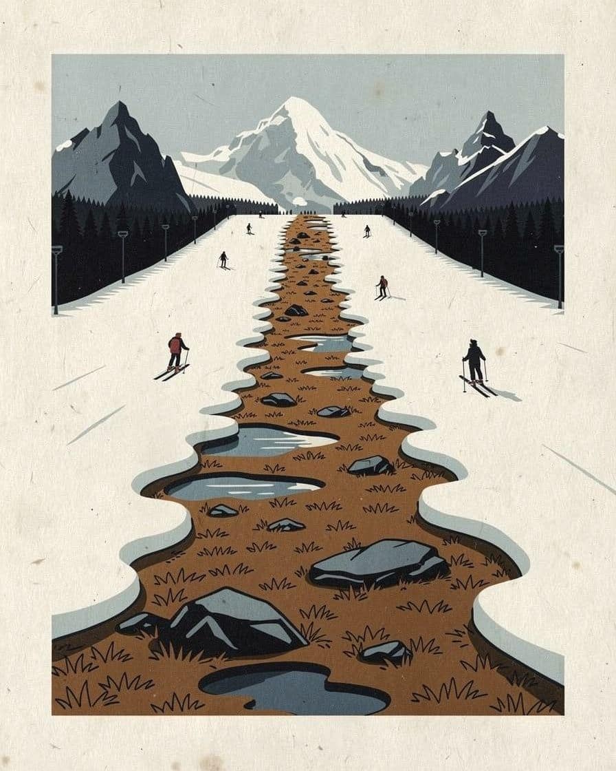 Illustration: ski run in the Chamonix valley in spring, snow melting at the edges and peaks still white above