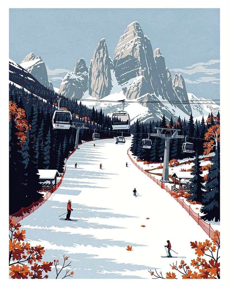 Illustration&nbsp;: Enfants en cours de ski sur la piste douce des Planards à Chamonix, moniteur en combinaison rouge et forêt d'épicéas enneigée