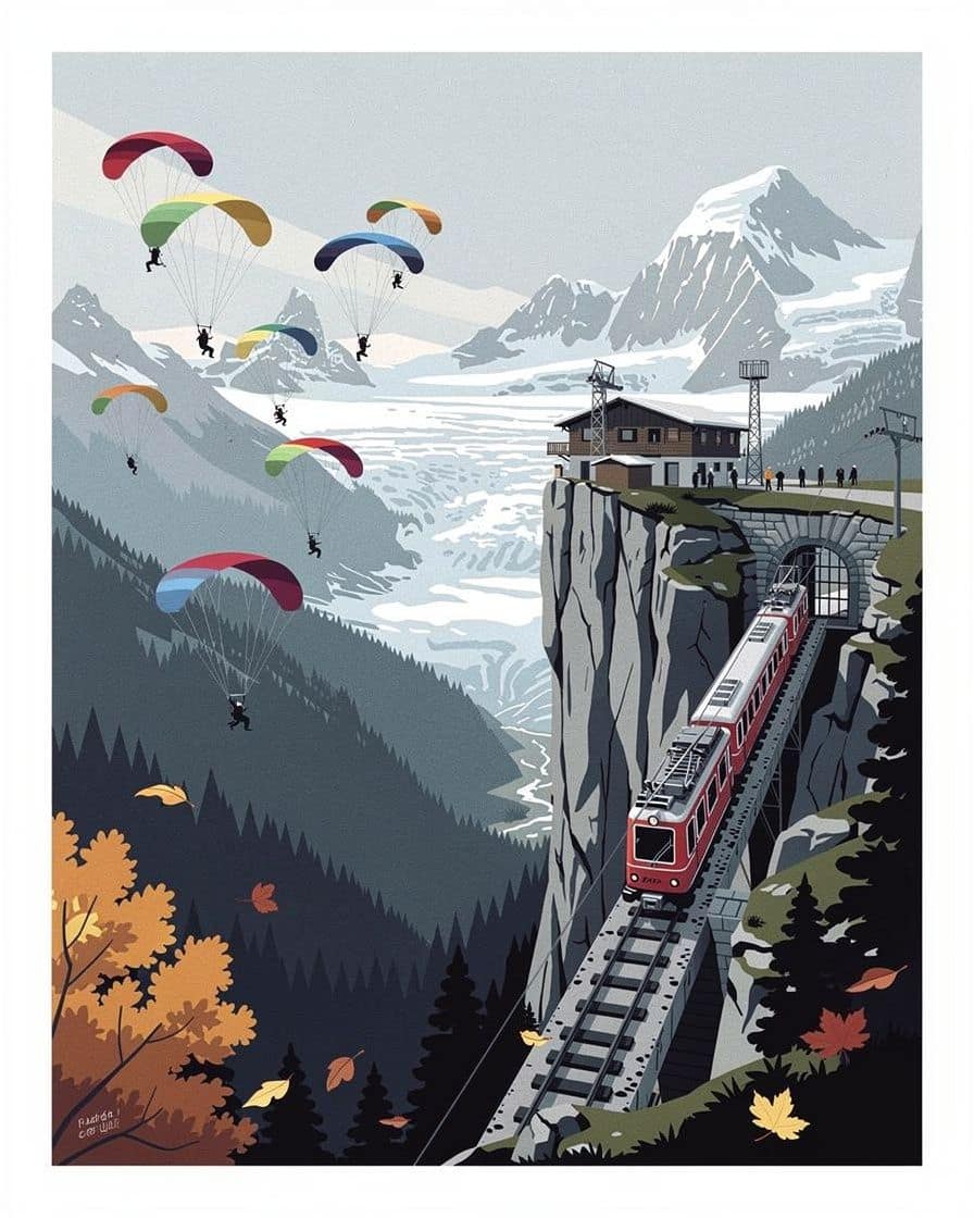 Illustration&nbsp;: Parapentes multicolores qui décollent de Planpraz au-dessus de Chamonix, la vallée et le massif du Mont-Blanc en face
