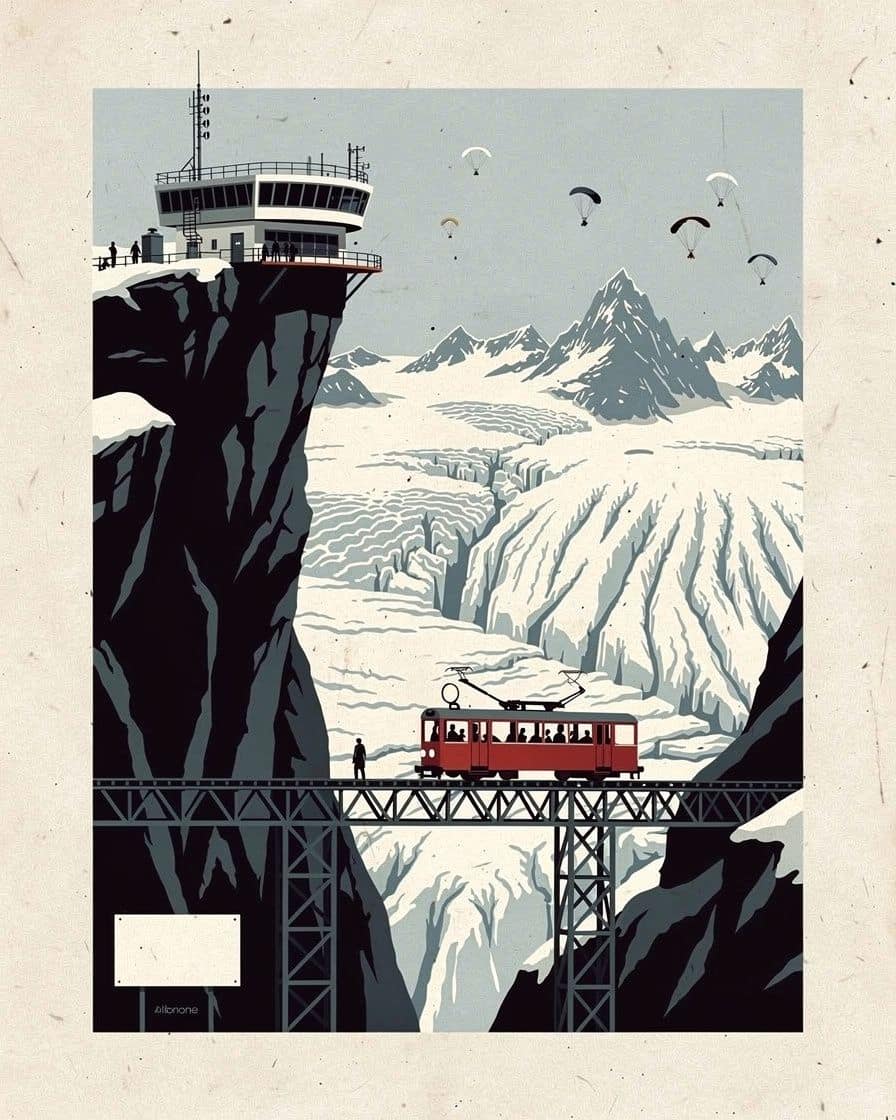 Illustration: panoramic terrace at Pointe Helbronner, visitors facing the Grandes Jorasses and the Géant glacier under a clear sky