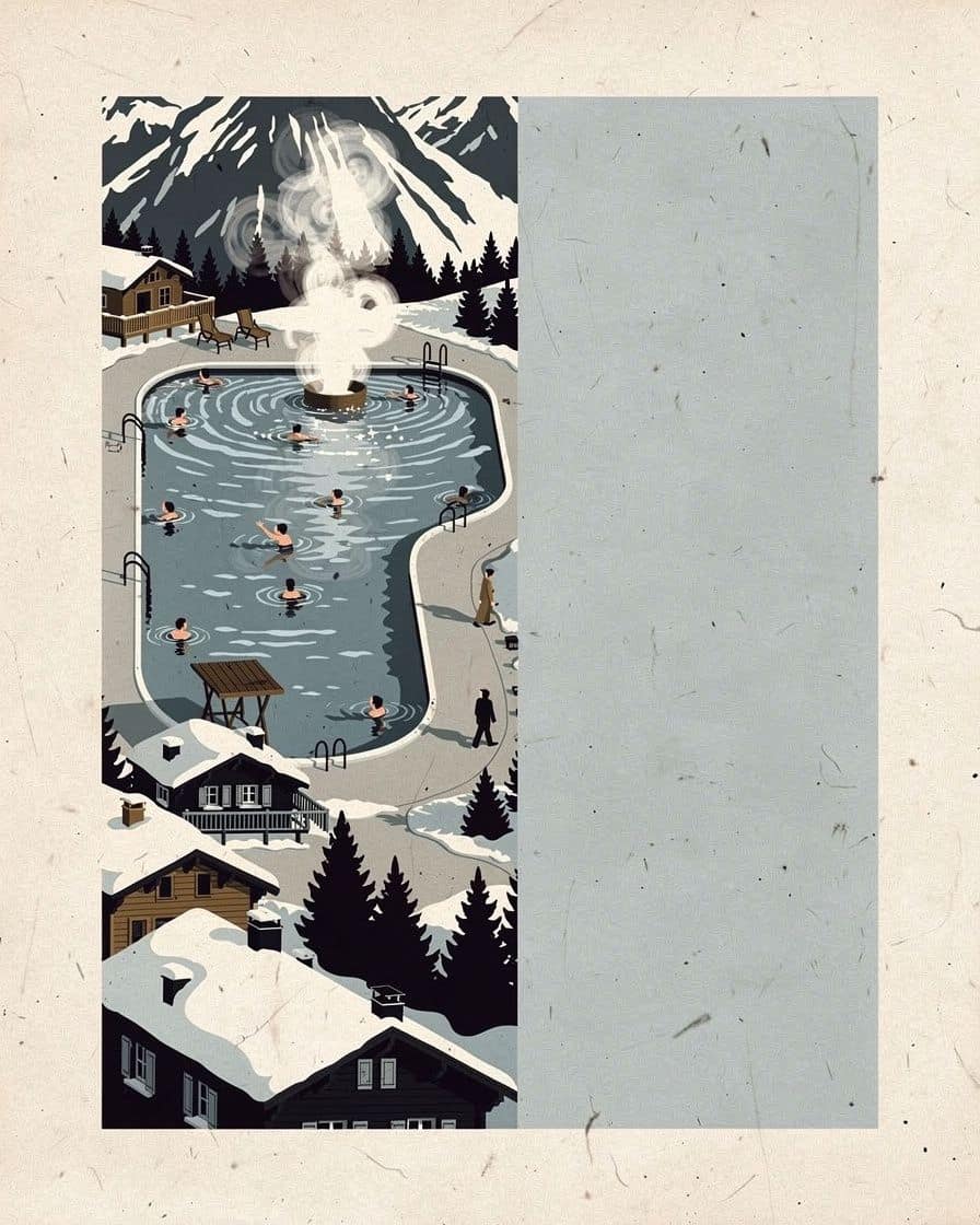 Illustration&nbsp;: Bassin extérieur fumant des thermes QC Terme à Chamonix en hiver, baigneurs face aux montagnes enneigées au crépuscule