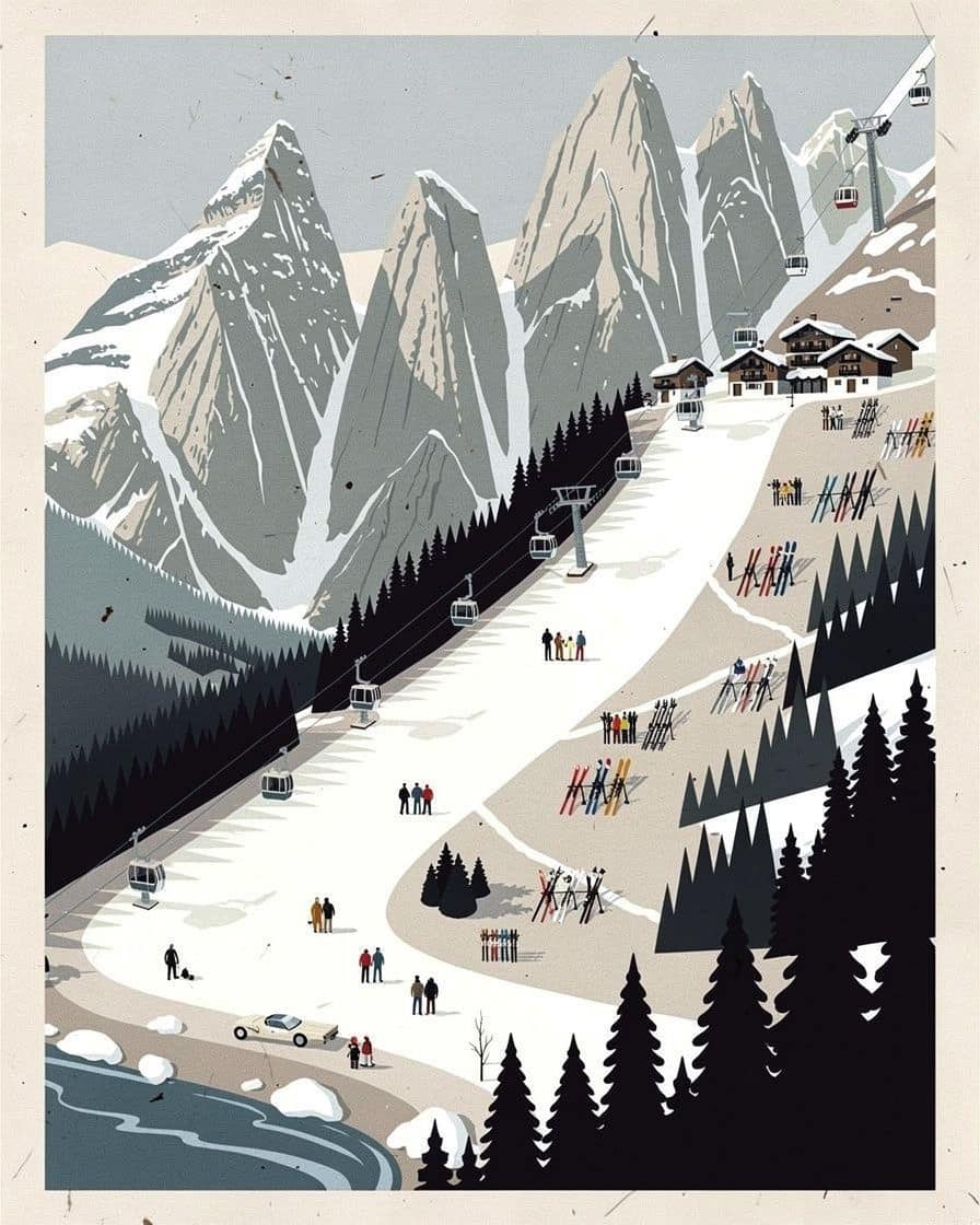 Illustration&nbsp;: Salon d'un appartement familial à Chamonix, combinaisons de ski qui sèchent près d'un poêle et fenêtre ouverte sur les sommets enneigés