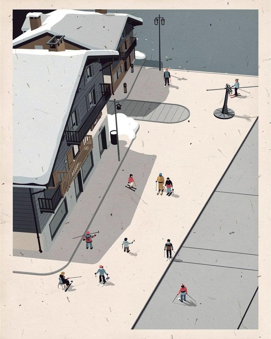 Illustration: The Savoy ski front at the foot of Chamonix, beginner children near the carpet lift