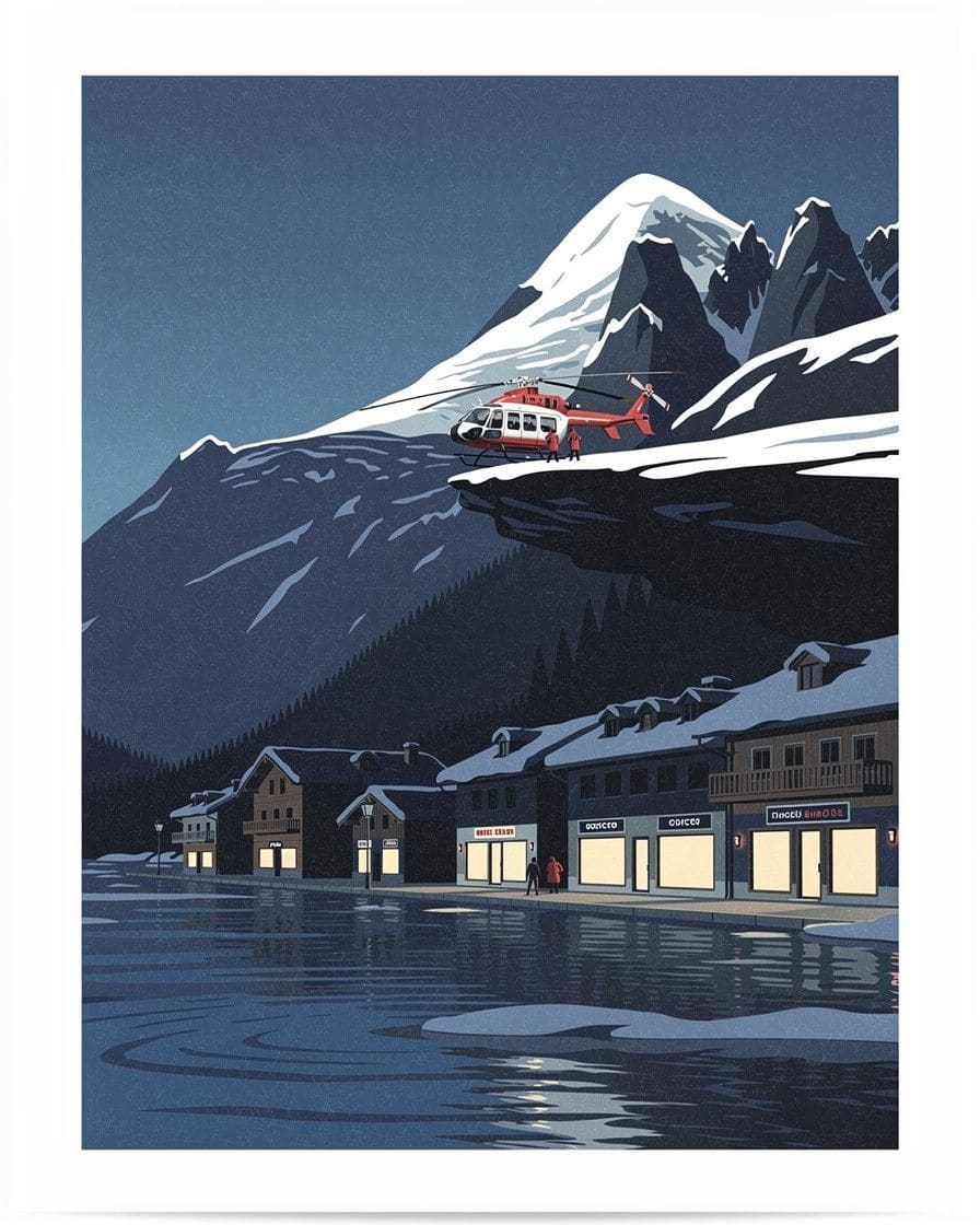 Illustration&nbsp;: Hélicoptère de secours en montagne posé sur un replat enneigé au-dessus de la vallée de Chamonix, sauveteurs en tenue rouge