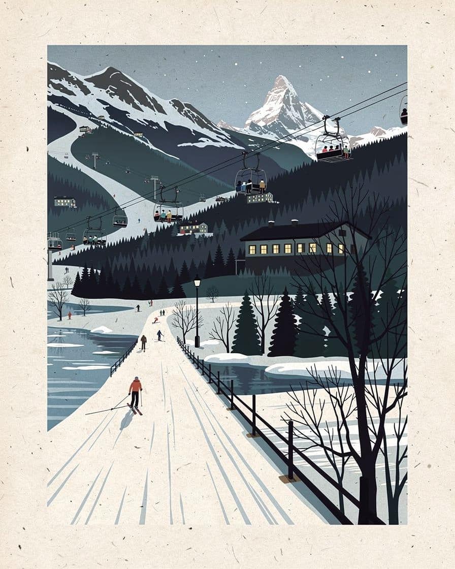 Illustration: skiers in light clothing on a sunny run in the Chamonix valley in spring, softened snow and snowy peaks opposite