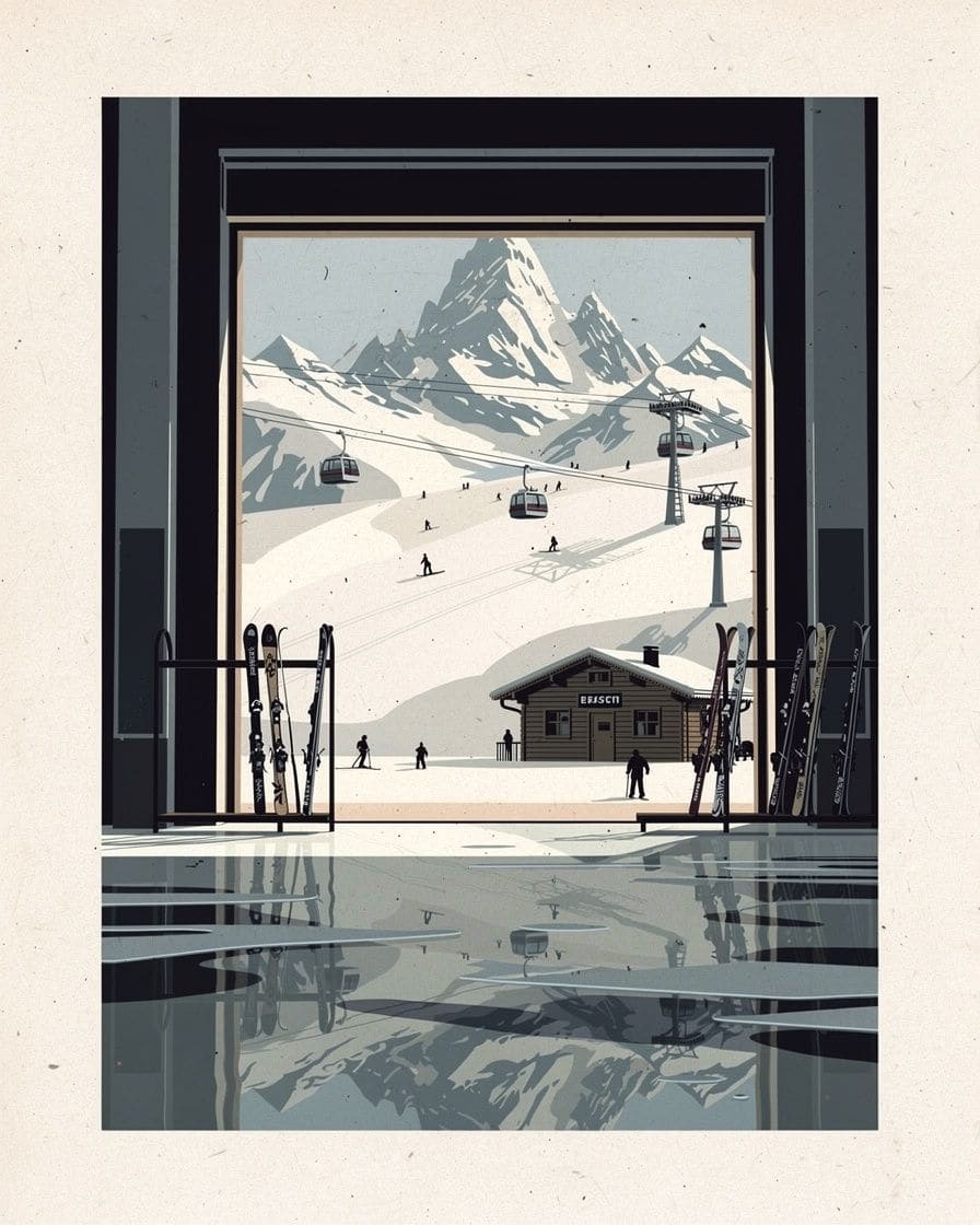 Illustration&nbsp;: Skieurs attendant le skibus à un arrêt enneigé de la vallée de Chamonix