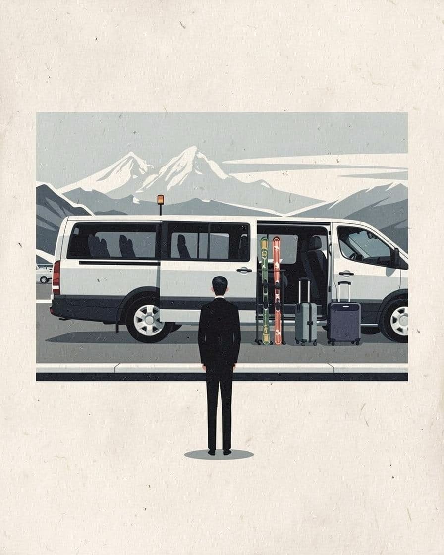 Illustration: skis and suitcases waiting by the open side door of a white transfer minibus, a driver standing by, mountains on the horizon